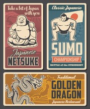 Japan Netsuke, Sumo Tournament And Restaurant Retro Poster. Hotei Buddha Statue, Sumo Wrestler And Japanese Dragon Vector. Japan Culture, National Sport And Cuisine Tourist Attractions Vintage Banners