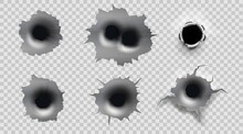 Isolated Bullet Holes On Transparent Background, Gun Bullet Marks. Vector Realistic 3d Gunshot Circular Breaks, Shots, Metal Round Cracks With Torn Edges. Pistol Or Riffle Weapon Destruction