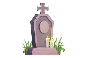 Stone grave, memorial with grass and candles in cartoon style isolated on white background. Funeral, cemetery object. Afterlife monument.