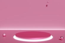 3d Render Of Led Lit Pink Podium With Flying Balls