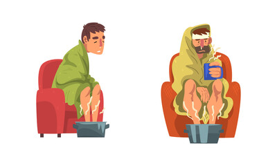 Wall Mural - Sick Man Sitting on Armchair Wrapped in Blanket with His Legs in Basin with Hot Water Vector Set