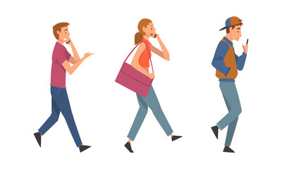 Sticker - People Character Walking and Speaking by Smartphone or Chatting Vector Set