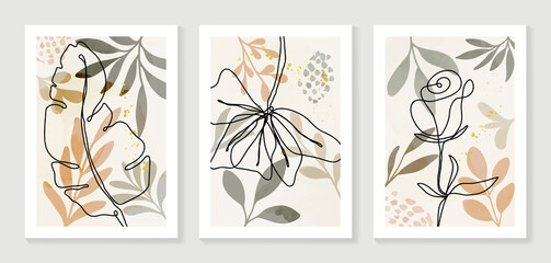 Botanical wall art vector set. Water color boho foliage line art drawing with  abstract shape.  Abstract Plant Art design for print, cover, wallpaper, Minimal and  natural wall art.