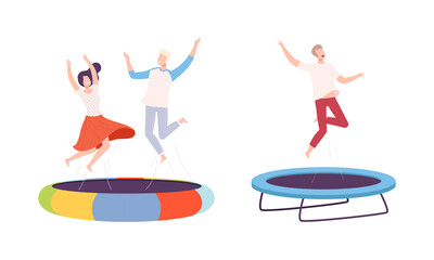 Sticker - Cheerful People Character Jumping and Bouncing on Trampoline Having Fun Vector Set