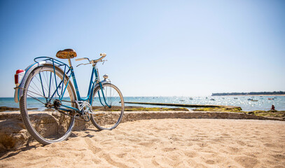 Wall Mural - Vieux vélo bleu en bord de mer sur les plages du littoral français en Bretagne.