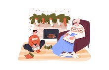 Family By Fireplace At Christmas Eve. Happy Grandmother Read Xmas Book In Armchair, Kid Wrap Gifts At Home. Granny And Grandchild By Cozy Fireside. Flat Graphic Vector Illustration Isolated On White