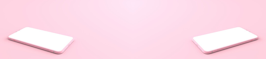 Wall Mural - 3d rendering of mockup pink smartphone white screen on pink floor, pink mobile phone tilted and lay 
