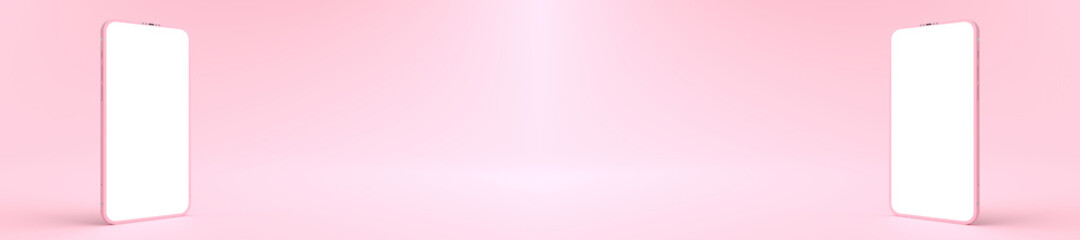 Wall Mural - 3d rendering of mockups pink smartphone white screen on pink floor, pink mobile phone lay down on th