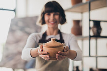 Photo Of Professional Small Business Self-employed Lady Potter Do Client Offer Shape Vase Giving In Workroom