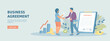 © vectorhot - Business agreement or deal, partnership, cooperation, collaboration. Contract signing.Colleagues man and woman shaking hands. Promotional web banner. Cartoon vector illustration with people characters