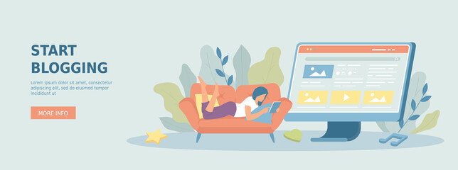 Wall Mural - Start blogging to attract customers. Advertising campaign, online promotes, digital marketing in social networks. Promotional web banner. Cartoon flat vector illustration with people characters.
