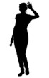 Silhouette of a young slender girl in trousers with a microphone in hand, isolated on transparent background