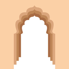 Arched Entrance To The Indian Palace, Flat Illustration In Beige And Brown Colors, Isolated On White Background