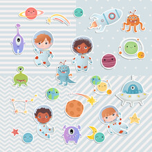 Set Of Elements. Little Astronauts, Boy And Girl,   Floating Around In Open Space, Among Stars, Planets, Funny Monsters And Comets. Digital Scrapbooking.