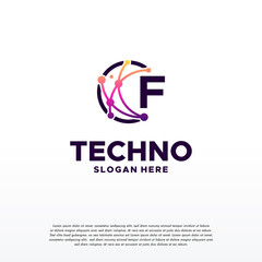 F initial Pixel technology logo designs concept vector, Network Internet Digital Wire logo