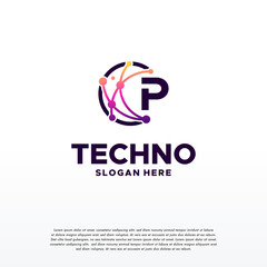 Sticker - p initial pixel technology logo designs concept vector, network internet digital wire logo