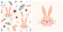 Seamless Pattern With Rabbit Face, Daisy Flower, Leaf And Carrot On Pastel Background Vector Illustration. Happy Easter Day.