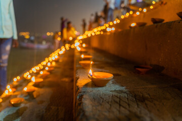 Dev Deepawali festival, Earthen lamps lit on the stairs leading to the Ganges, Varanasi Dev Diwali