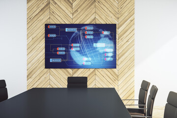 Wall Mural - Abstract programming language and world map on presentation tv screen in a modern meeting room, research and development concept. 3D Rendering
