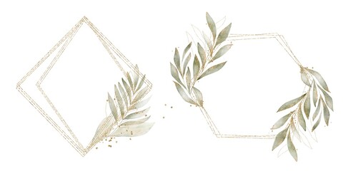 Wall Mural - Watercolor Gold glitter arrangements with leaves, herbs. Herbal illustration. Botanic composition for wedding, greeting card. Watercolor wreathes and frames.