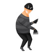 © Ekaterina - Vector cartoon illustration of a thief or pickpocket in a mask sneaks on tiptoe and steals bank cards or money.
