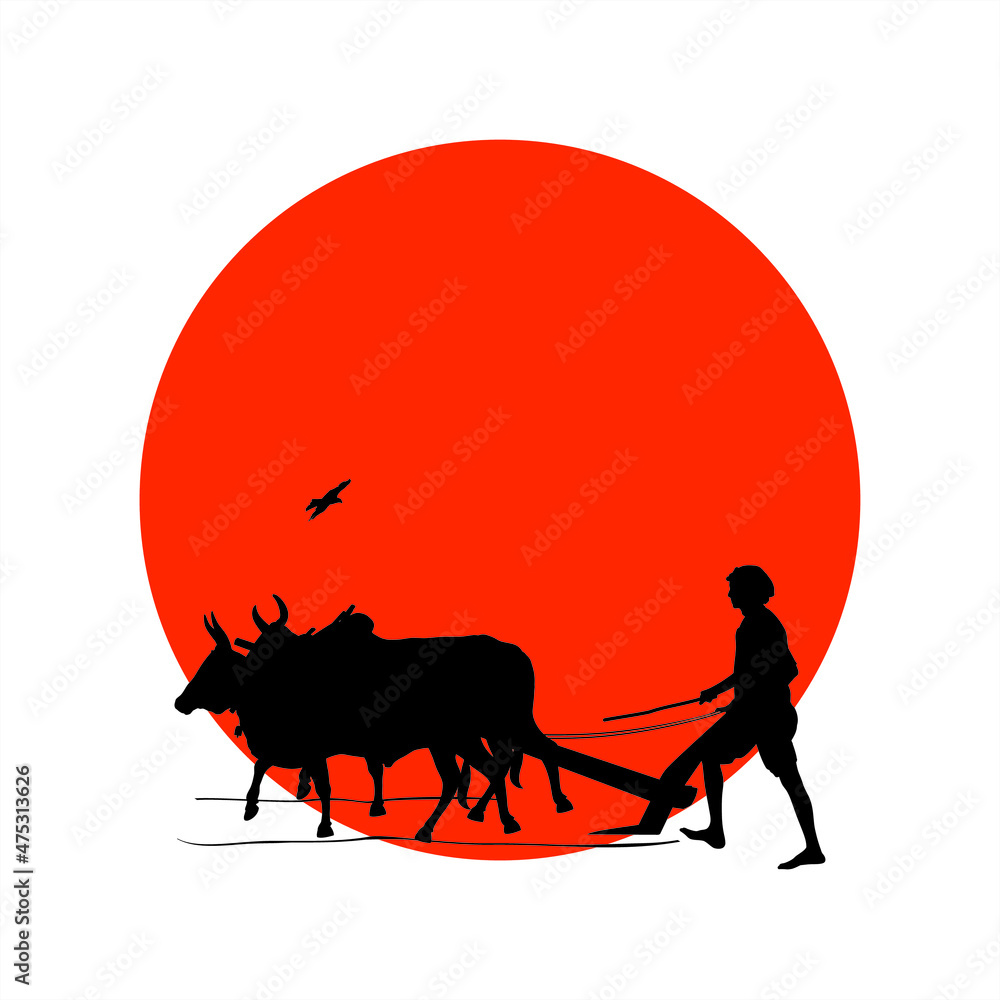 Vector of Farmer Plowing the Field with Oxen. Farmer Plows the Fields ...
