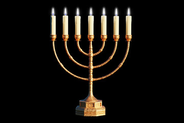 Wall Mural - Ancient menorah on black ​background with lit candles. 3D Render