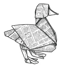 Fake News, Bad Newspapers In Origami Form, Duck Out Of Papers, Magazin, Press, Black White Hand Drawn Illustration
