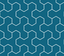 Contemporary Connected Hexagon Shapes In A Repeating Geometric Honeycomb Pattern Of White Outlines Against A Teal Blue Background, Vector Illustration