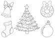 © Veronika - Christmas elements tree, bell, sock, wreath and ornament. Christmas coloring book page for children. Outline vector illustration isolated on white background. Game for kids.