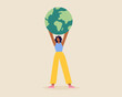 African woman holding globe, earth. Earth day concept. Earth day vector illustration. Saving the planet,environment.Modern cartoon flat style illustration