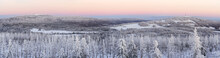 Winter Landscape Panorama Of The Harz Mountains, Germany. Highest Peaks Of The Harz National Park. Mount Brocken In Saxony-Anhalt On The Left, Mount Wurmberg In Braunlage, Lower Saxony, On The Right. 