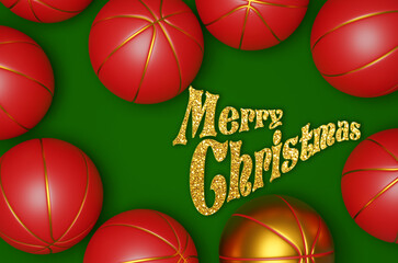 Wall Mural - Merry Christmas, many red basketballs with a golden basketball on a green background, 3d rendering, holiday greetings