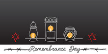 Holocaust Remembrance Day Background, Banner, Poster With Candles, Jewish Star And Barbed Wire On A Dark Background
