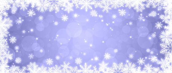 Canvas Print - Shiny white frame with snowflakes on a purple blue bokeh background. Festive Christmas banner