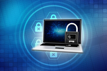 Poster - 3d illustration Safety concept: Closed Padlock with laptop on digital background