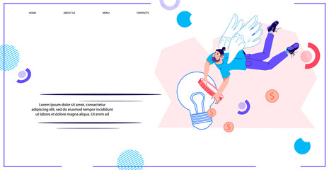 Business investment and Entrepreneurship support concept of webpage. Angel investor brings money to startup or innovation technology, flat vector illustration. Design for website or presentation page.