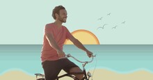 Composite Image Of Caucasian Man Riding A Bicycle Against Beach In Background