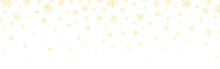Gold Snowflakes Falling On White Backdrop. Christmas Winter Decoration. Golden Holiday Elements. Greeting Card Background Template. Vector Illustration