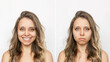 © Марина Демешко - Two portraits of a young caucasian beautiful blonde woman with wavy hair: cheerful and sad isolated on a white background. Before and after. A smile affects appearance. Negative and positive emotions