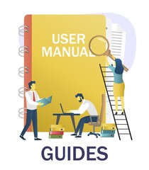 Wall Mural - people reading guidebook, writing guidance, advices, instruction manual, vector illustration. user g