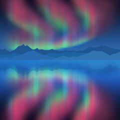 Wall Mural - aurora borealis reflected in the sea, winter holiday illustration
