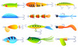 Collection bright bait for fish vector flat illustration. Set of fishing lure with floating and hook