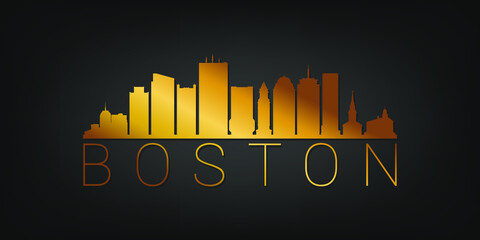 Boston, MA, USA Gold Skyline City Silhouette Vector. Golden Design Luxury Style Icon Symbols. Travel and Tourism Famous Buildings.