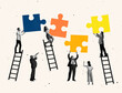 © Lustre Art Group  - Contemporary art collage. Group of people making puzzles symbolizing team work