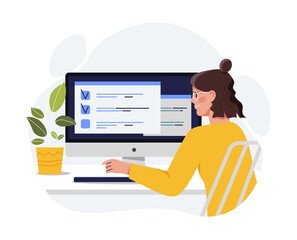 Woman filling form. Character sitting at computer. Freelancer or coworker, employees workplace. Girl provides her data to company, authorization or registration. Cartoon flat vector illustration