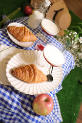 Canvas Print - Vertical shot of fresh croissants with a sweet dessert, jam and apple outdoors in the park