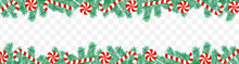 Pine Branch Border And Candy Cane. Christmas Horizontal Border. Vector Illustration Isolated.