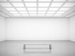 3D rendering illustration of blank walls white cube gallery room with bench for art show mockups.