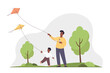 © Aigul - Happy father and son flying a kite in a park. Family weekend. Outdoor activity. Flat vector illustration.